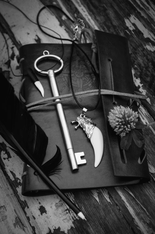 a box with a black folder, keys and some black feathers on it