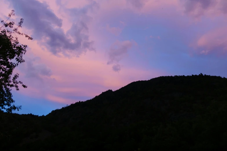 a pink and blue sky with a few clouds above a tree