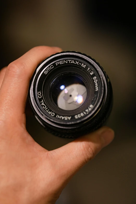 a hand holding a camera lens in one hand