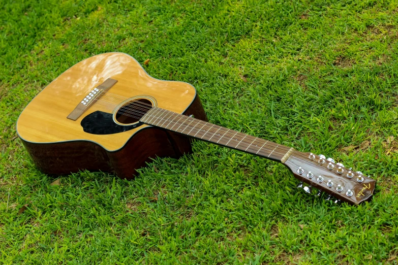 a acoustic guitar lies in a field of grass