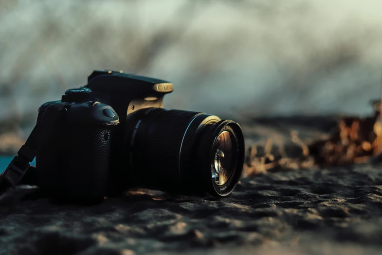 a camera sits on the ground with no filter