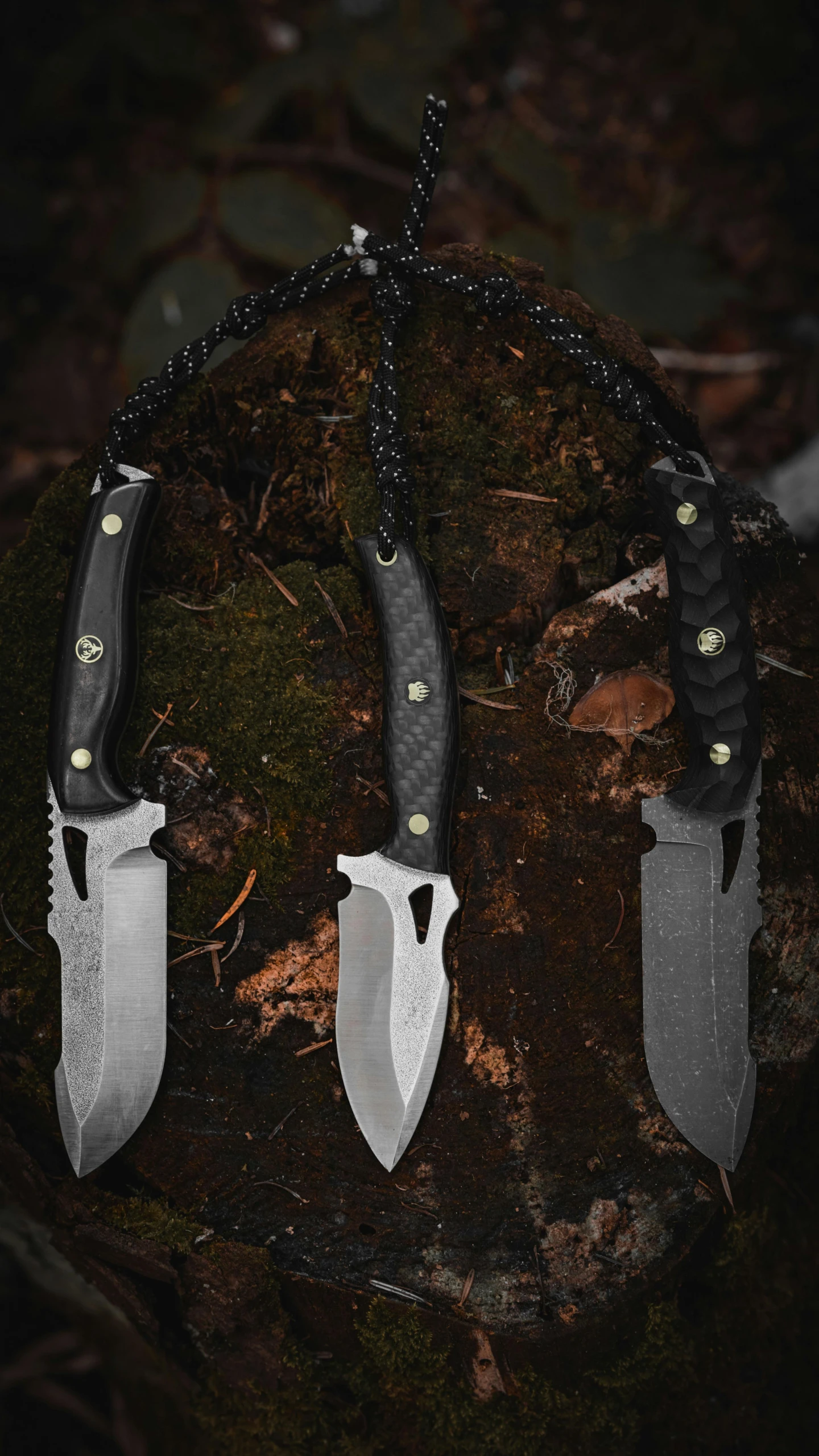 three knifes on top of a rock outside