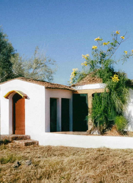 an adobe - style building with a orange door and window shutters and covered in vegetation