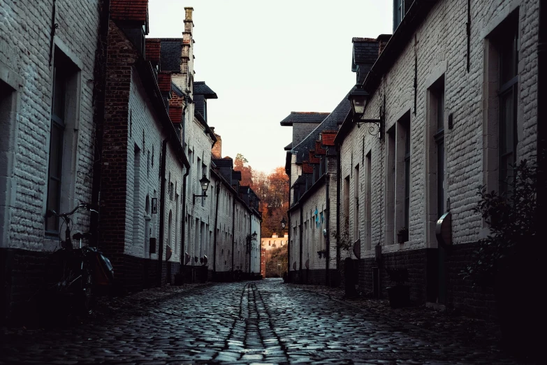 a cobblestone street in the middle of the city