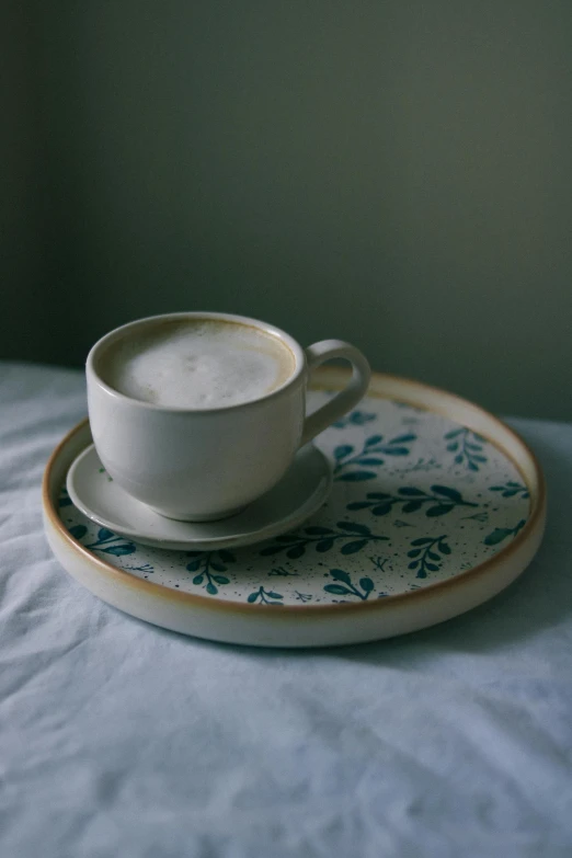 a cup and saucer sit on top of a plate