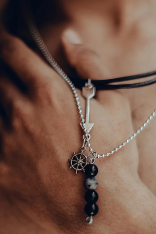 a cross necklace hanging off the back of a woman's chest