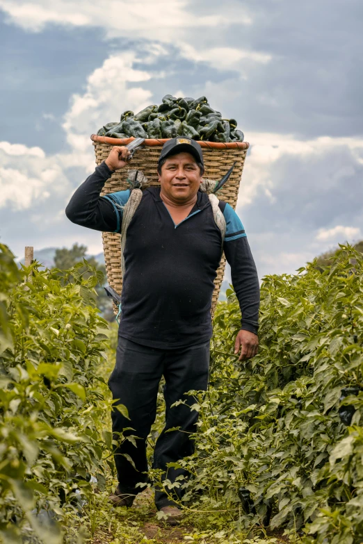 a man carrying produce in a large basket