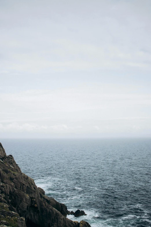 two people are standing on a cliff overlooking the ocean