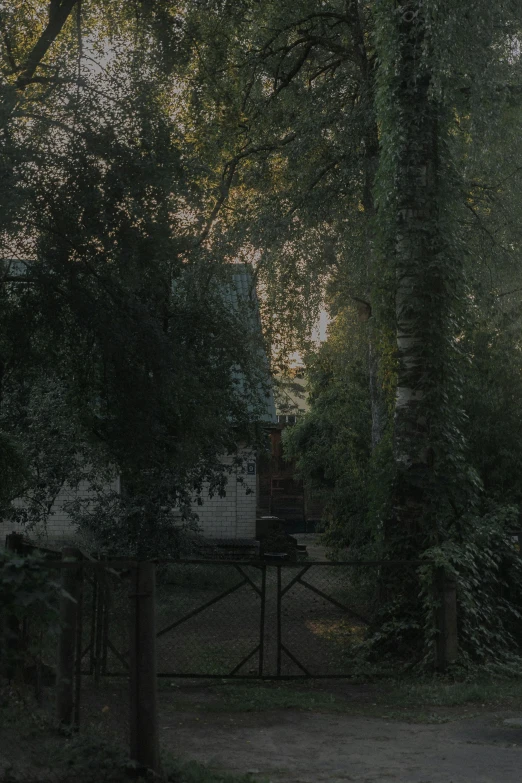 a tall white house next to trees with a metal gate in front