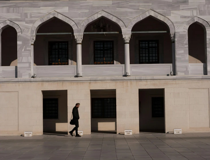 a person walking in front of an ornate building