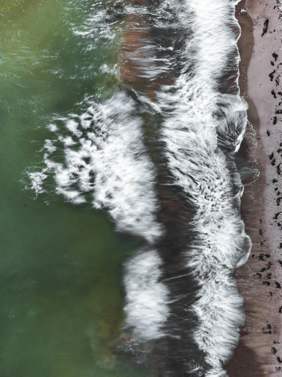 two birds are flying over the water next to a beach