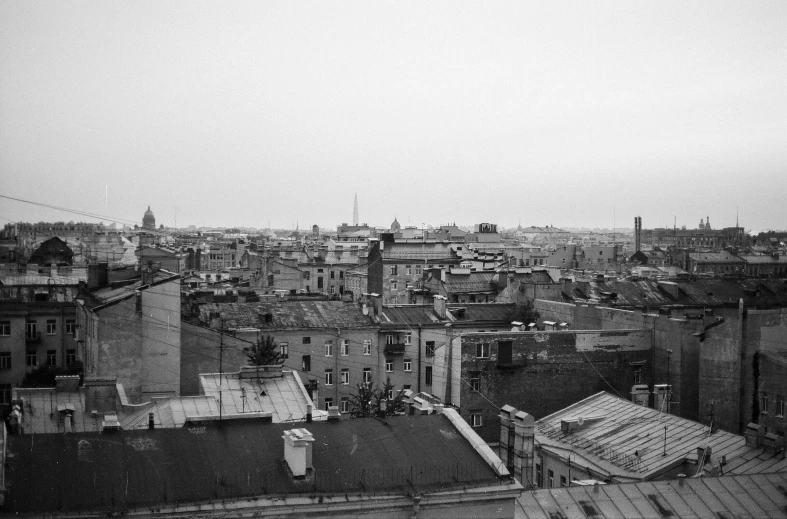 a view of a city from above in black and white