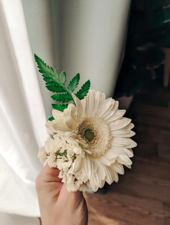 a hand holding a bouquet of flowers on top of a hard wood floor