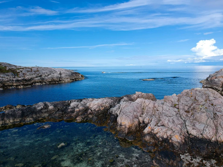 clear water on the coast with rocks and blue sky
