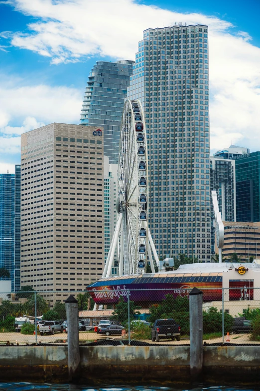 a ferris wheel sits behind a large body of water