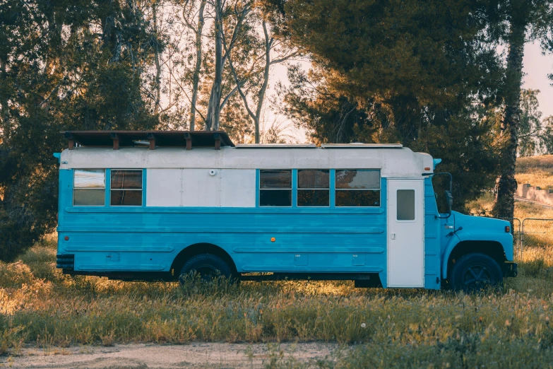 an old blue and white bus parked in grass