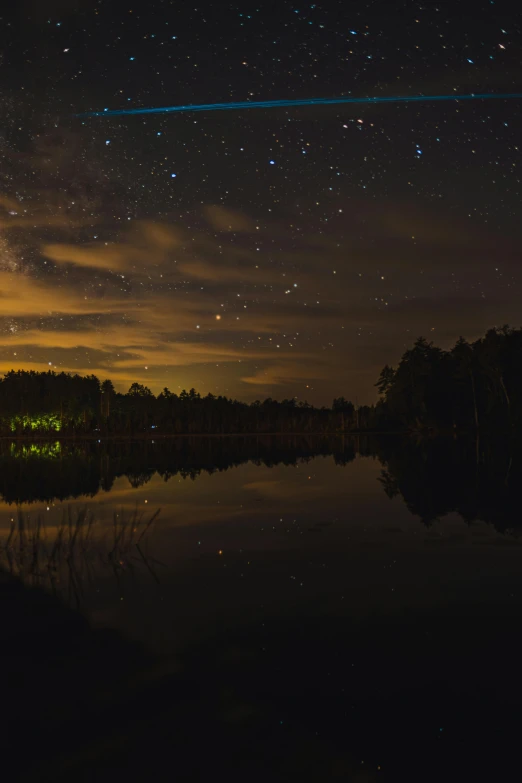 starr and the night sky on a lake reflecting trees