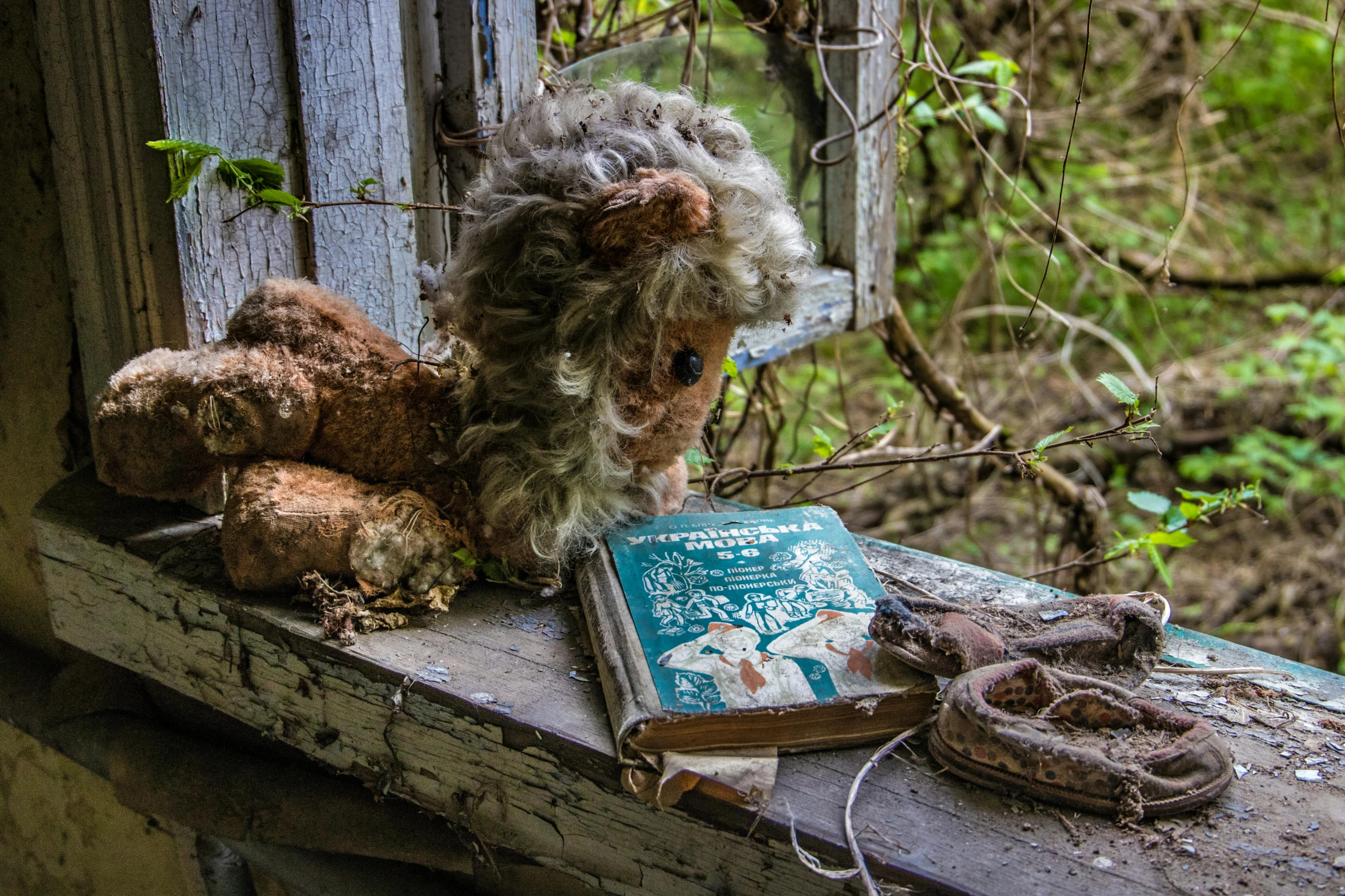 a window sill with a stuffed animal sitting by a book