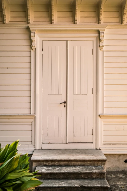 an old white house with stone steps leading up to the door