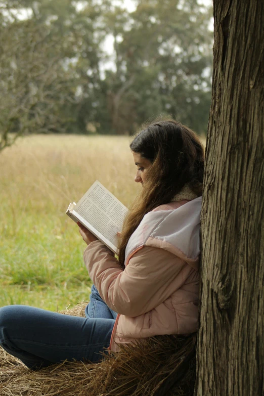 a  sits on hay, holding her book and reading