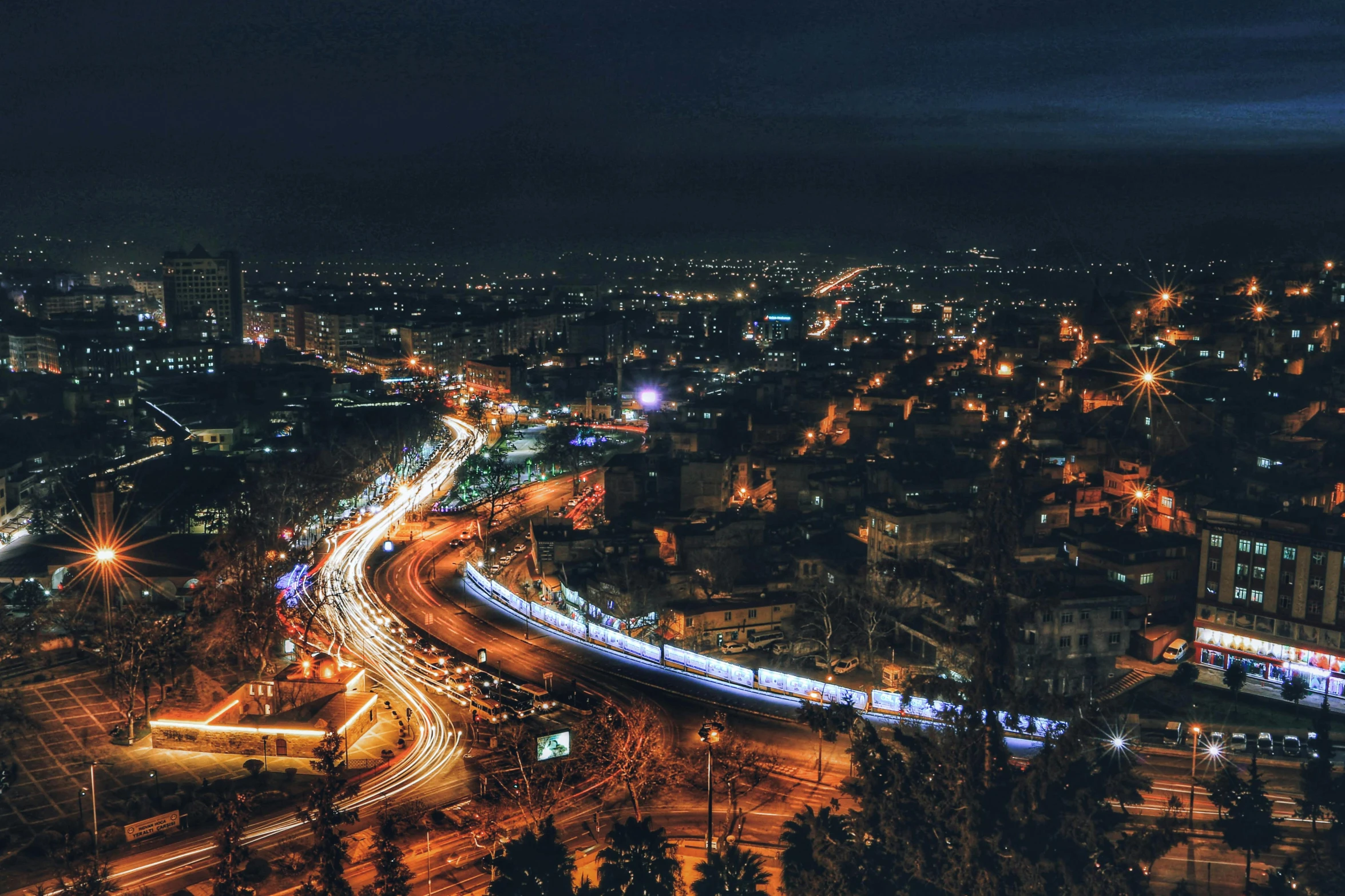 aerial view of traffic in a busy urban at night