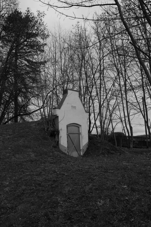 black and white po of a building with doors