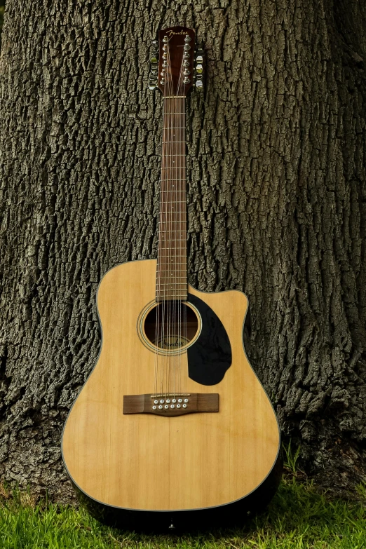 a wooden guitar is placed near a tree