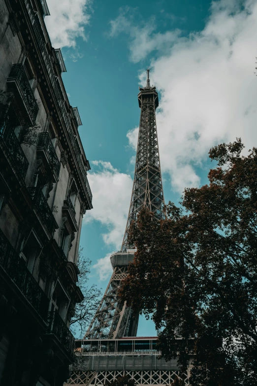 the eiffel tower and trees are in front of a blue sky