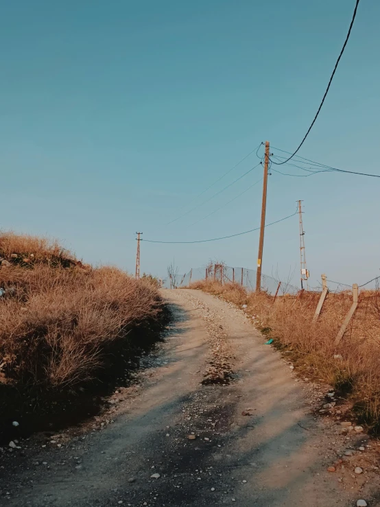 an old road that is surrounded by some dry grass