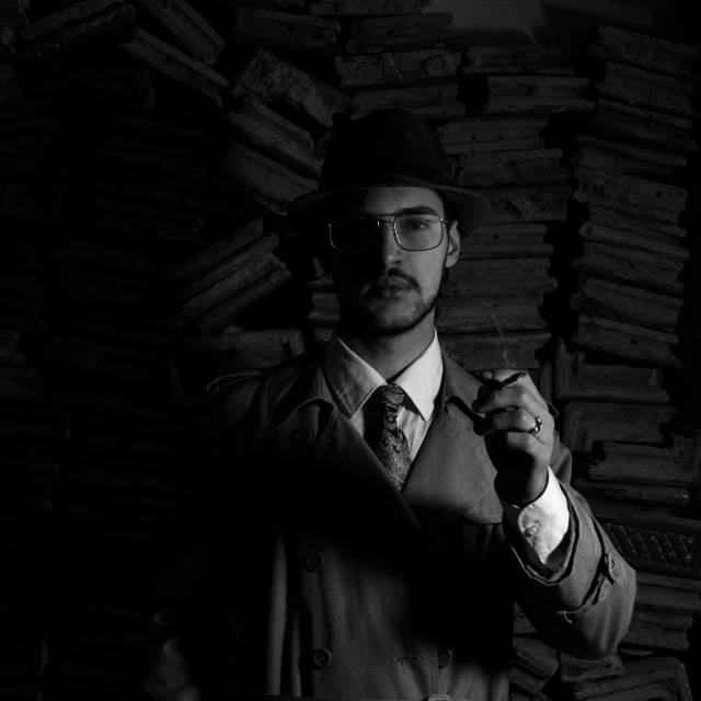 a black and white po of a man in a suit and tie in front of stacks of files