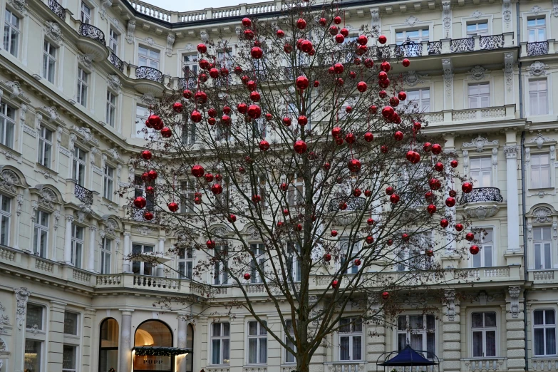 a large building has a tree with red ornaments on it