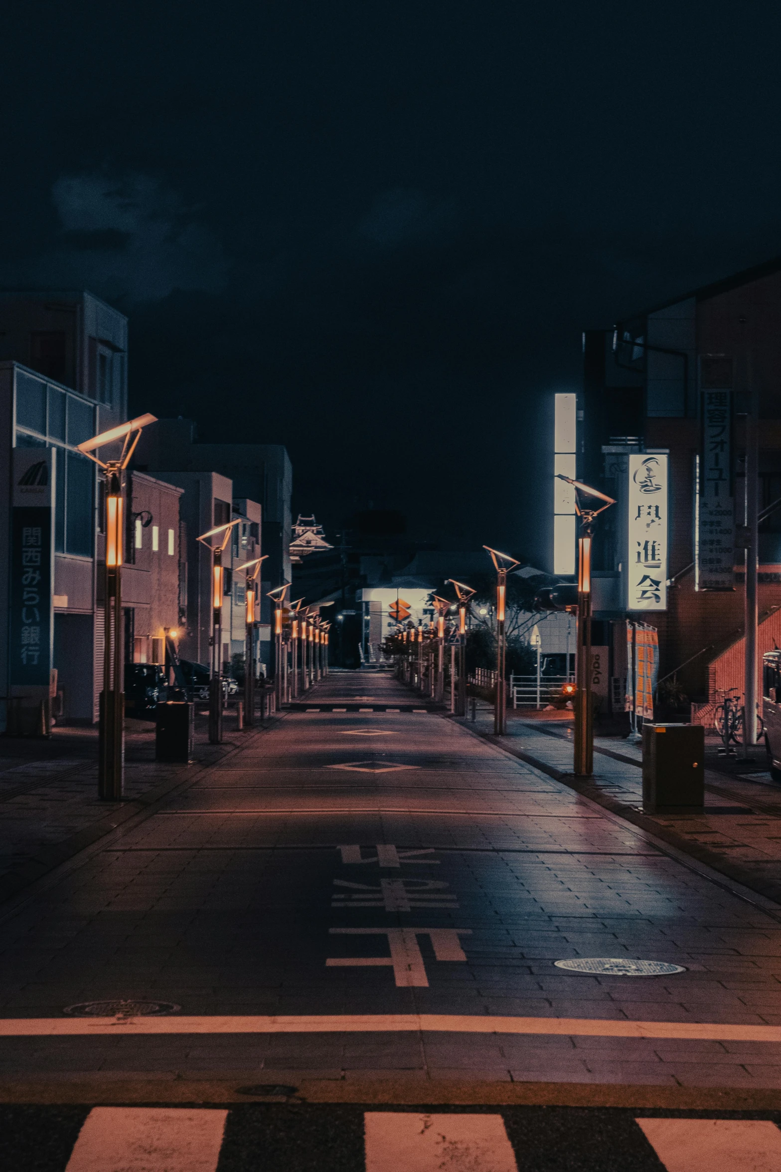 the night scene shows street signs and a road