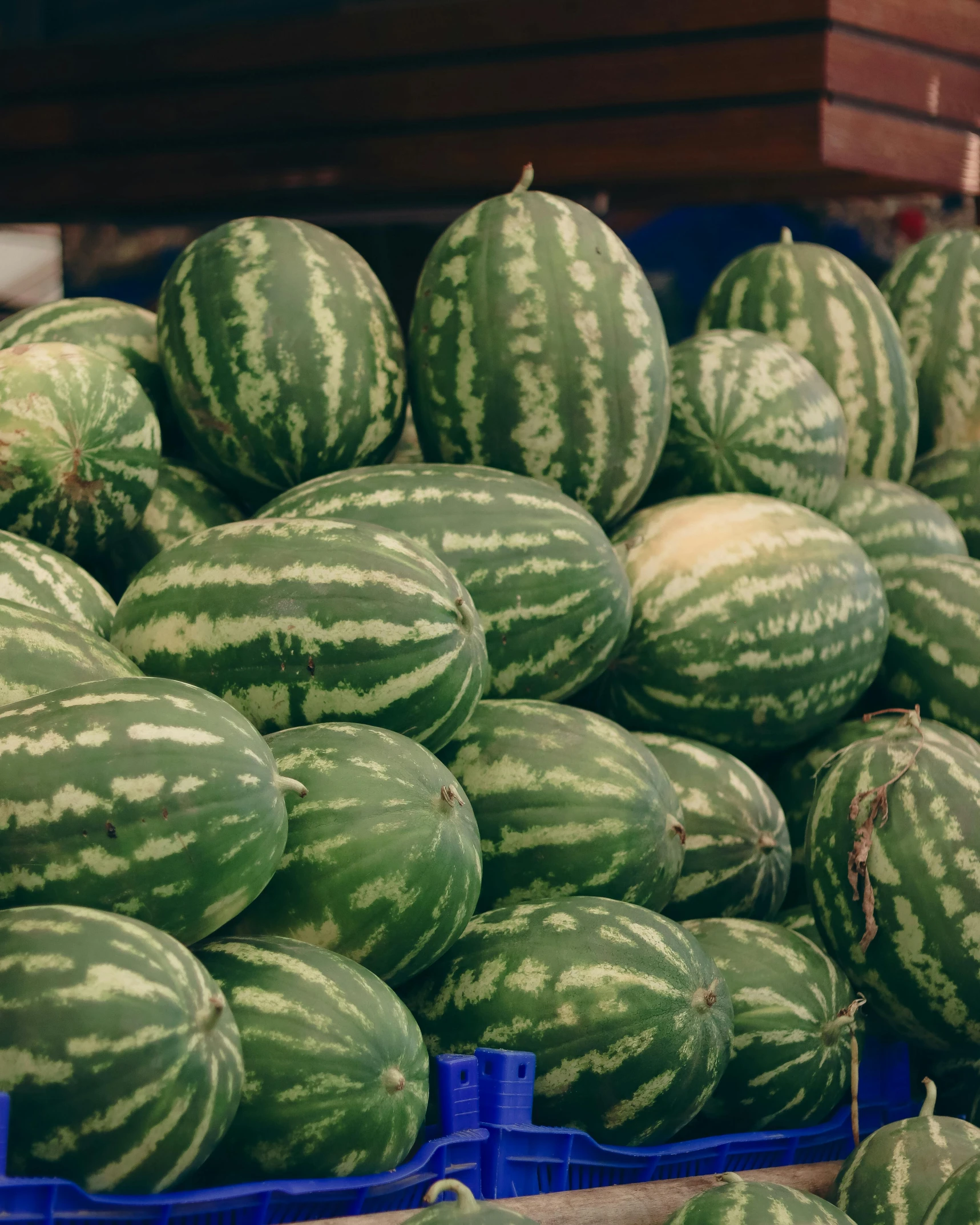 lots of watermelons on display in a market place