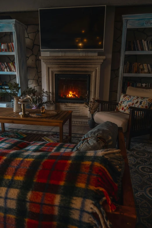 a room with a couch, table, books and fireplace