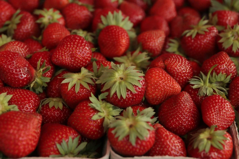 a large pile of strawberrys are in boxes on display