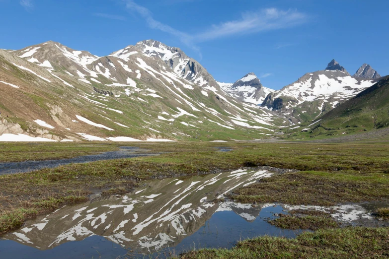 an alpine landscape with mountains and a stream