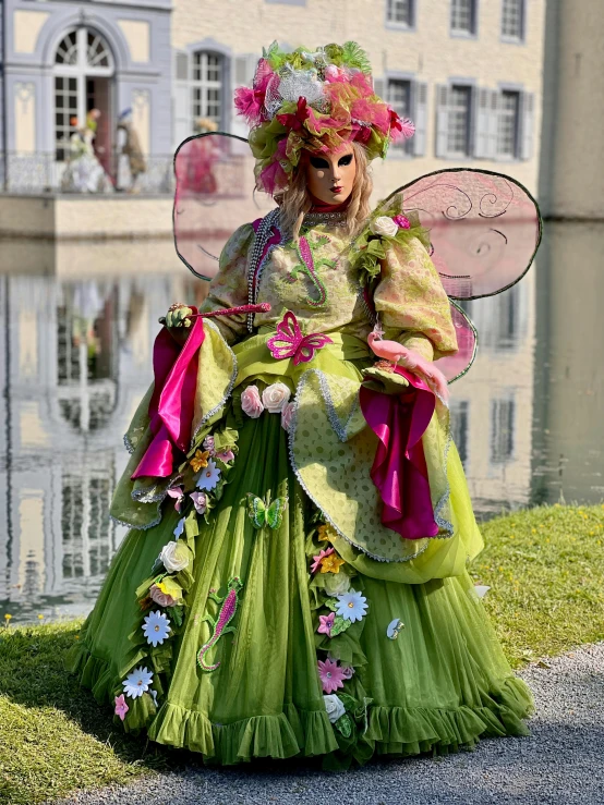 a woman in a green costume with flowers on it