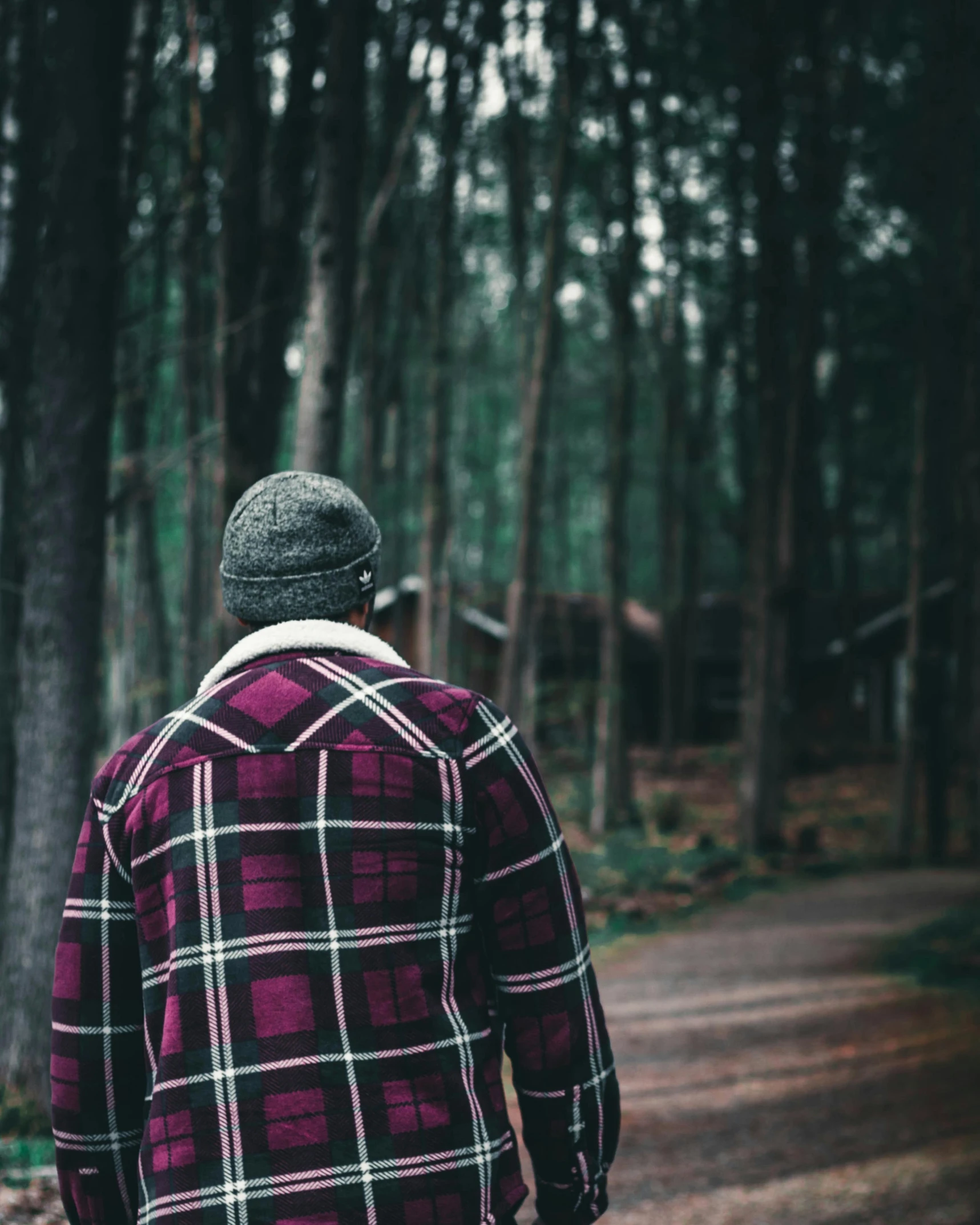 a man in a plaid jacket looks into the woods