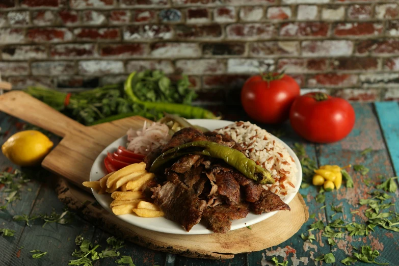 a plate of food on a wooden surface with some red onion