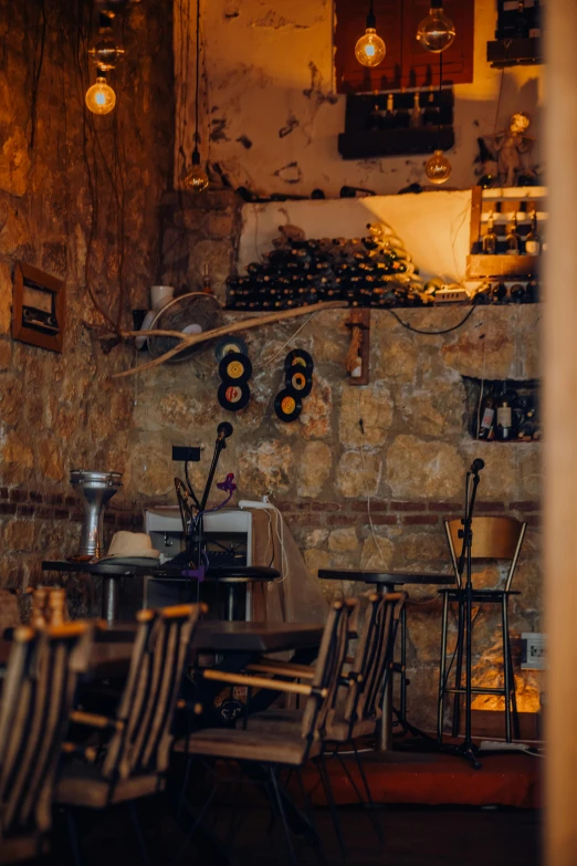 a restaurant with lots of chairs, tables and an oven