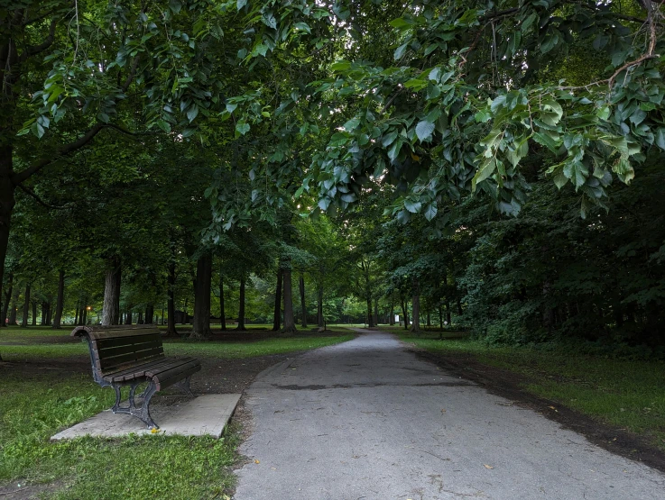 a lone park bench sitting on a sidewalk