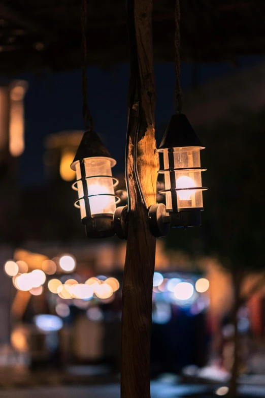 two white lanterns on a tree lite up