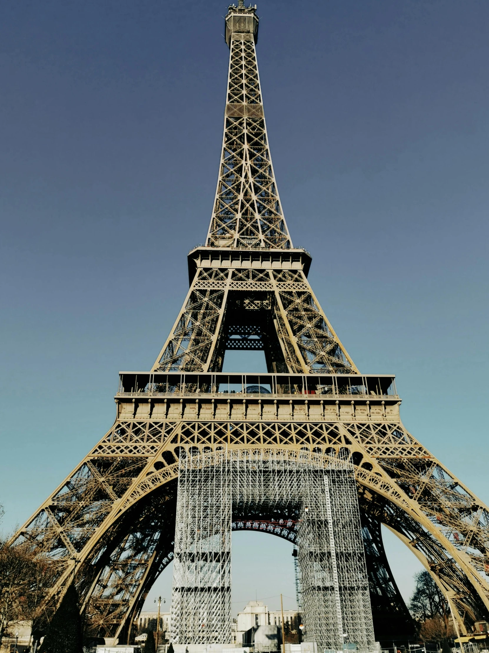 a tall metal eiffel tower sitting next to a tree