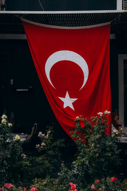 a turkish flag outside of a house with roses around it