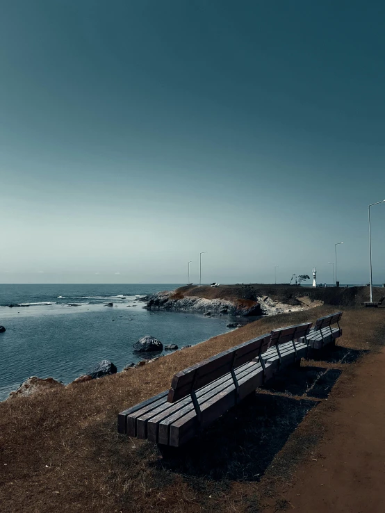 two benches facing a body of water under a cloudless sky