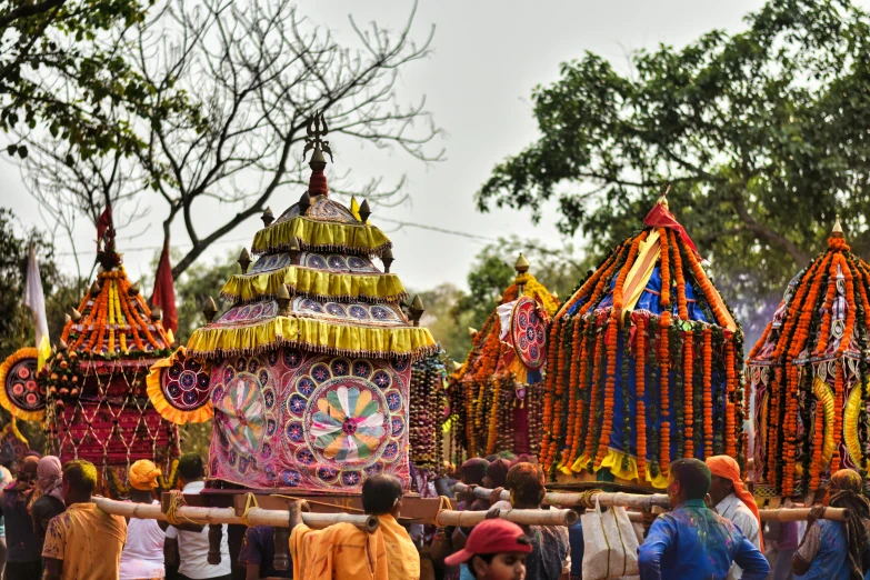 people looking at a float in a parade