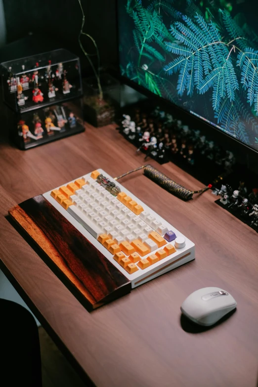 a wooden desk topped with a keyboard and mouse