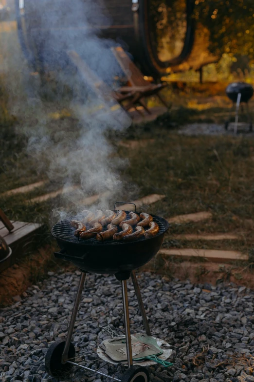 a bbq with some  dogs on top of it