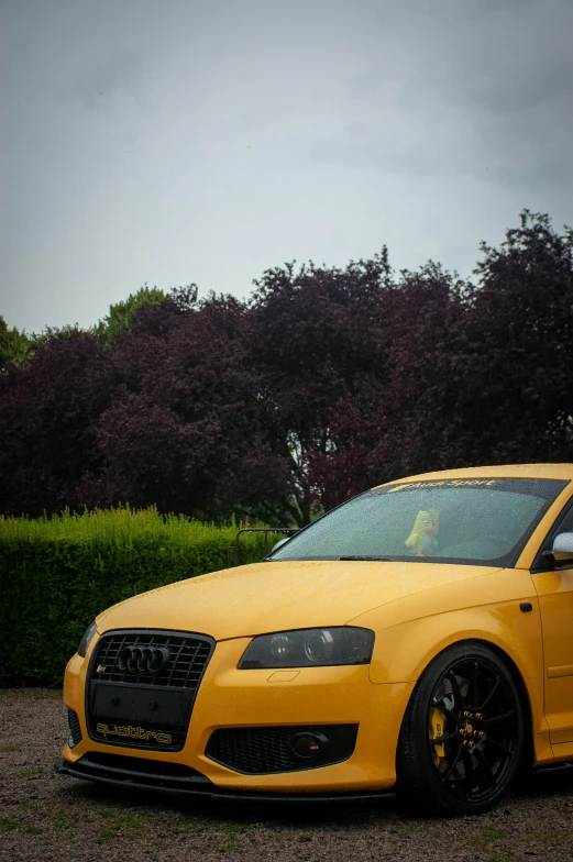 a yellow car parked near some bushes and trees