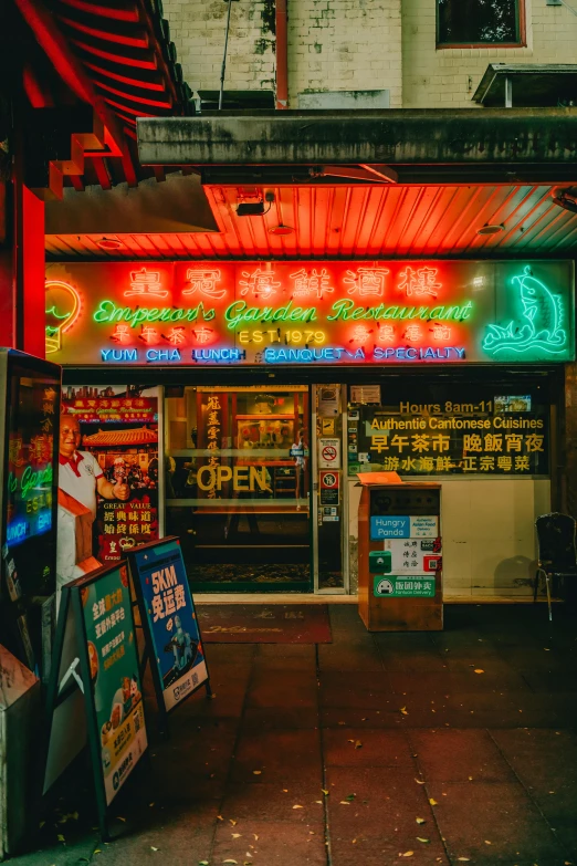 neon signs are set up for businesses in an asian city